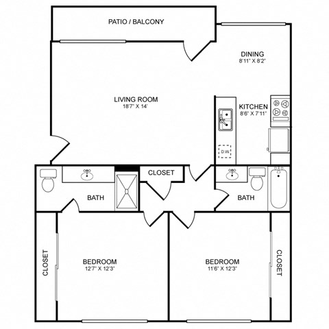2 Bed 2 Bath (A) Floor Plan at Sunset Square, California